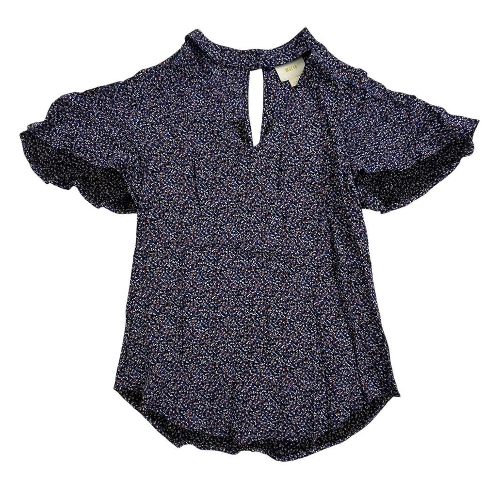 Maeve Anthropologie Top Size XS Blue Choker Floral Short Sleeve Boho Sheer